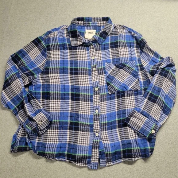 Aerie Womens Size M Blue‎ Plaid Button Front Flannel Cabincore Cozycore Campcore - Picture 2 of 9